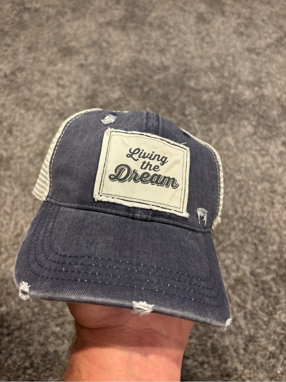 Living the Dream Distressed Trucker Cap - Navy & Cream